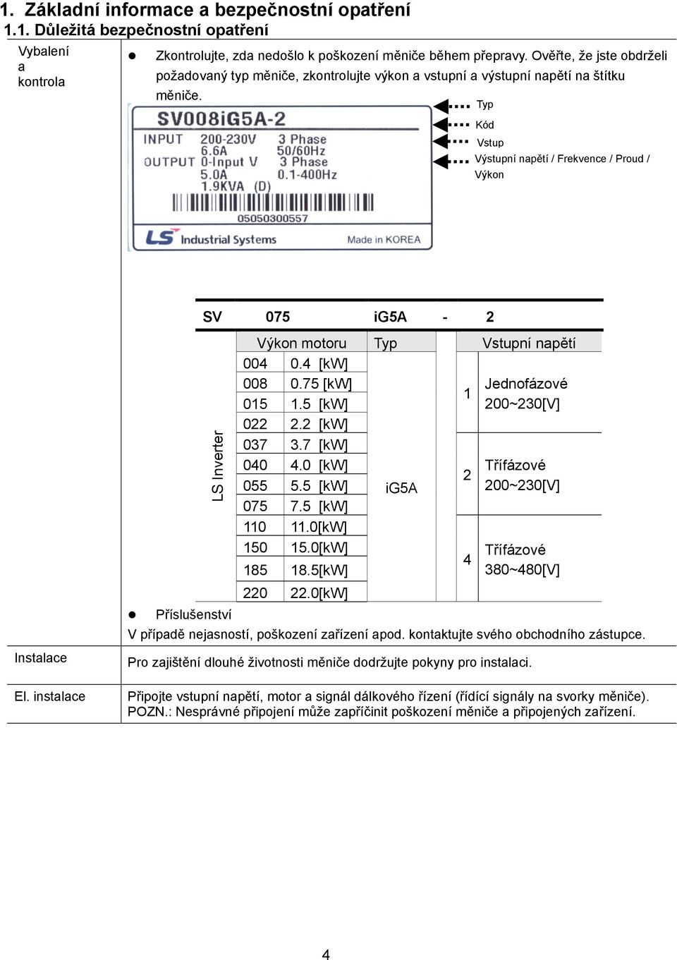 instalace SV 075 ig5a - 2 LS Inverter Výkon motoru Typ Vstupní napětí 004 0.4 [kw] 008 0.75 [kw] 015 1.5 [kw] 022 2.2 [kw] 037 3.7 [kw] 040 4.0 [kw] 055 5.5 [kw] 075 7.5 [kw] 110 11.0[kW] 150 15.