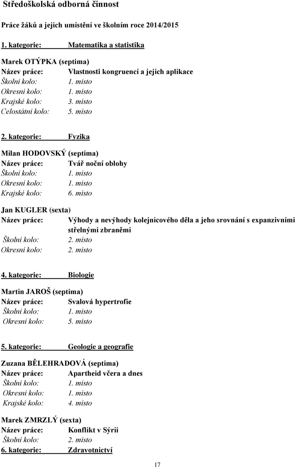 místo 2. kategorie: Fyzika Milan HODOVSKÝ (septima) Název práce: Tvář noční oblohy Školní kolo: 1. místo Okresní kolo: 1. místo Krajské kolo: 6.