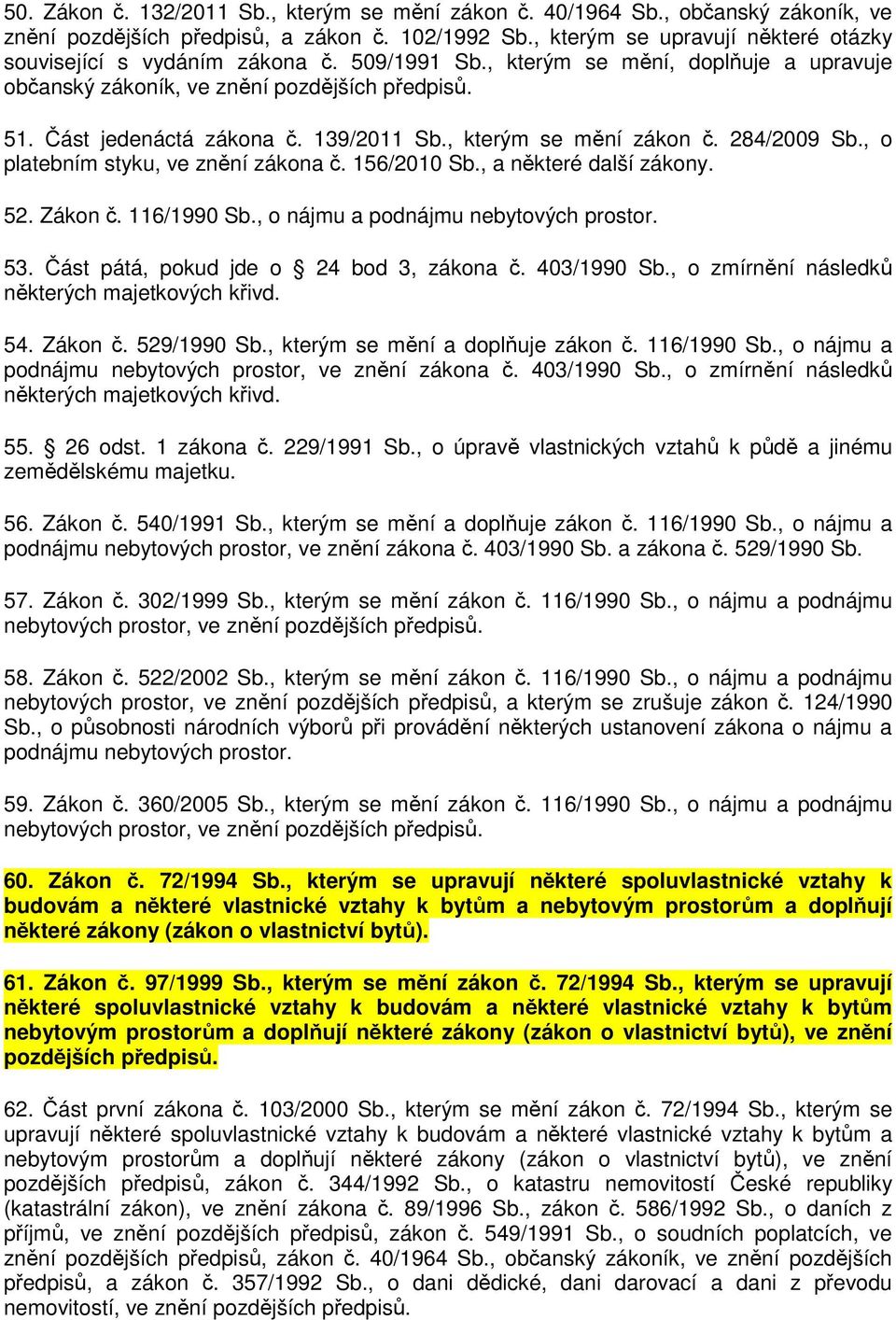139/2011 Sb., kterým se mění zákon č. 284/2009 Sb., o platebním styku, ve znění zákona č. 156/2010 Sb., a některé další zákony. 52. Zákon č. 116/1990 Sb., o nájmu a podnájmu nebytových prostor. 53.