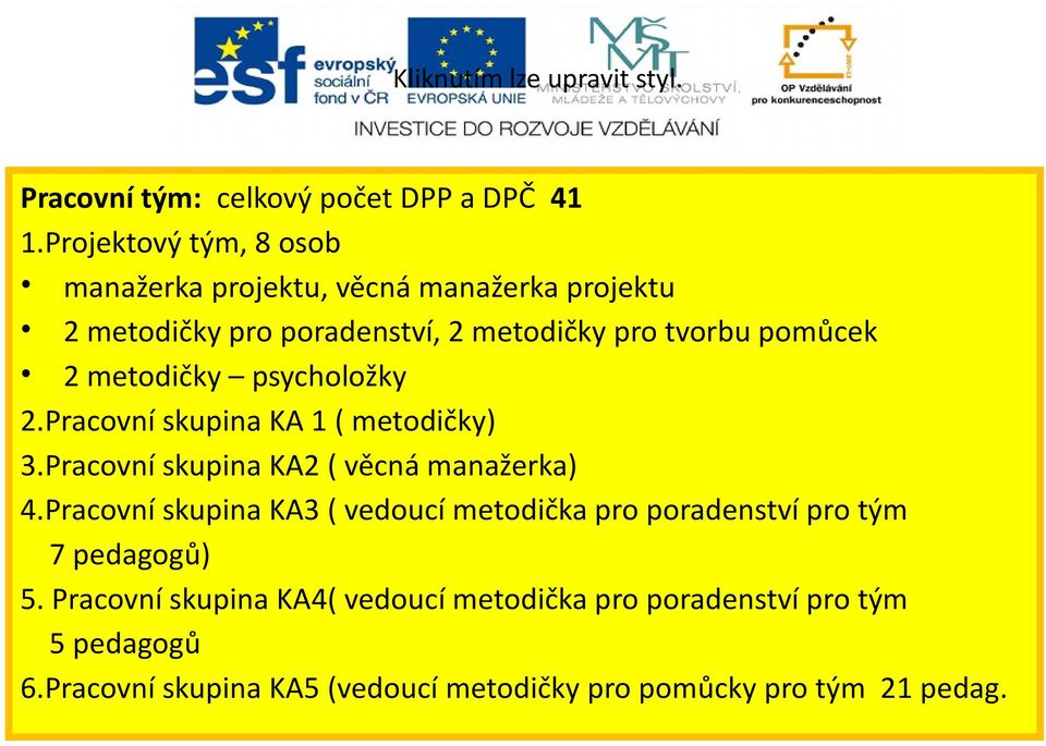 metodičky psycholožky 2.Pracovní skupina KA 1 ( metodičky) 3.Pracovní skupina KA2 ( věcná manažerka) 4.