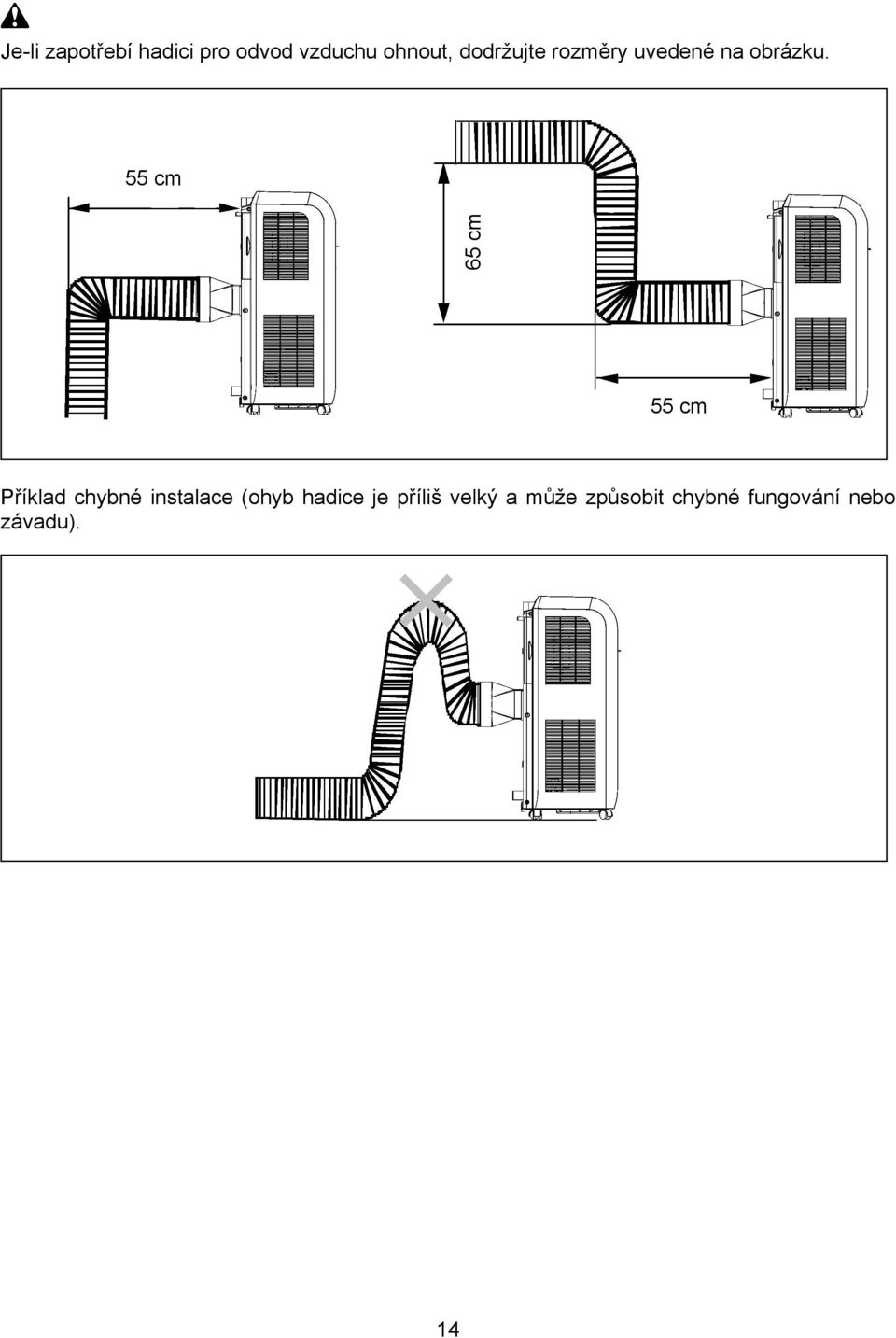 55 cm 65 cm 55 cm Příklad chybné instalace (ohyb