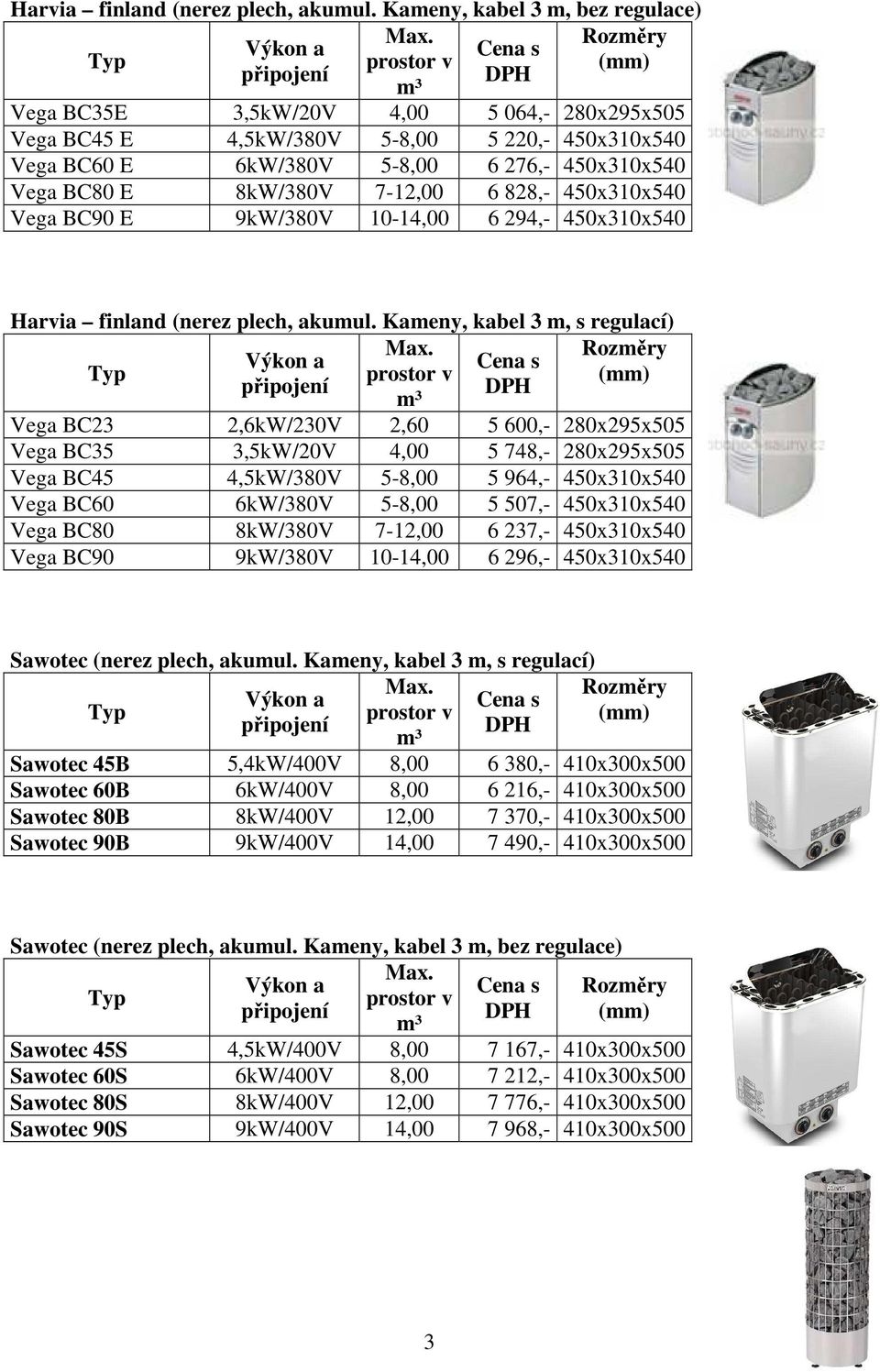 7-12,00 6 828,- 450x310x540 Vega BC90 E 9kW/380V 10-14,00 6 294,- 450x310x540  Kameny, kabel 3 m, s regulací) Vega BC23 2,6kW/230V 2,60 5 600,- 280x295x505 Vega BC35 3,5kW/20V 4,00 5 748,-