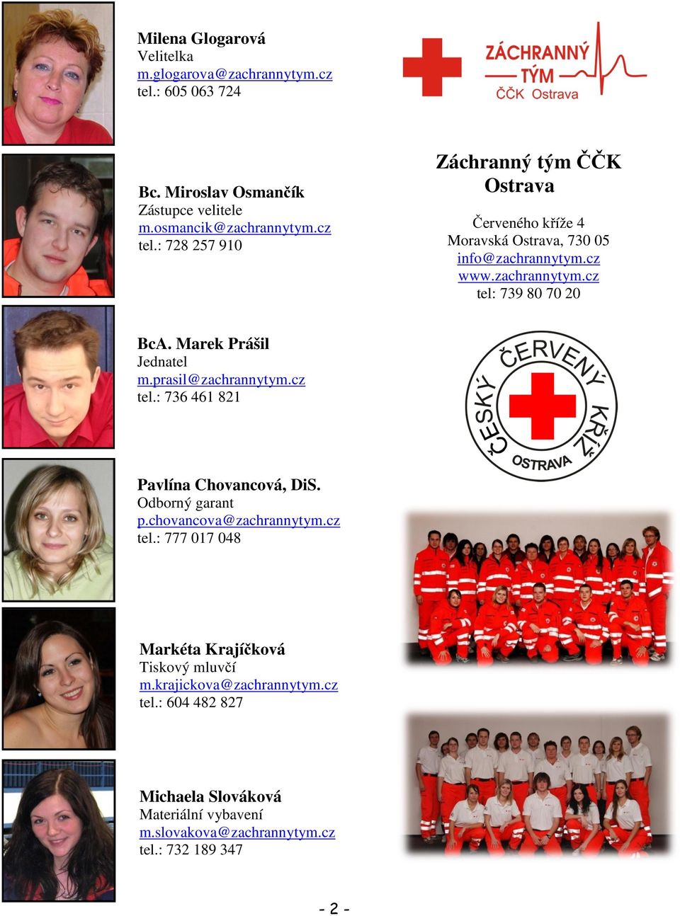 Odborný garant p.chovancova@zachrannytym.cz tel.: 777 017 048 Markéta Krajíčková Tiskový mluvčí m.krajickova@zachrannytym.cz tel.: 604 482 827 Michaela Slováková Materiální vybavení m.