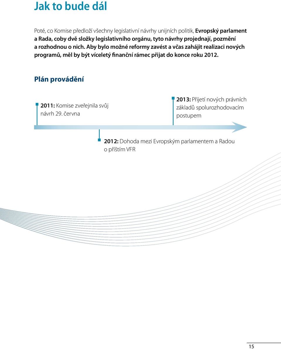 Aby bylo možné reformy zavést a včas zahájit realizaci nových programů, měl by být víceletý finanční rámec přijat do konce roku 2012.