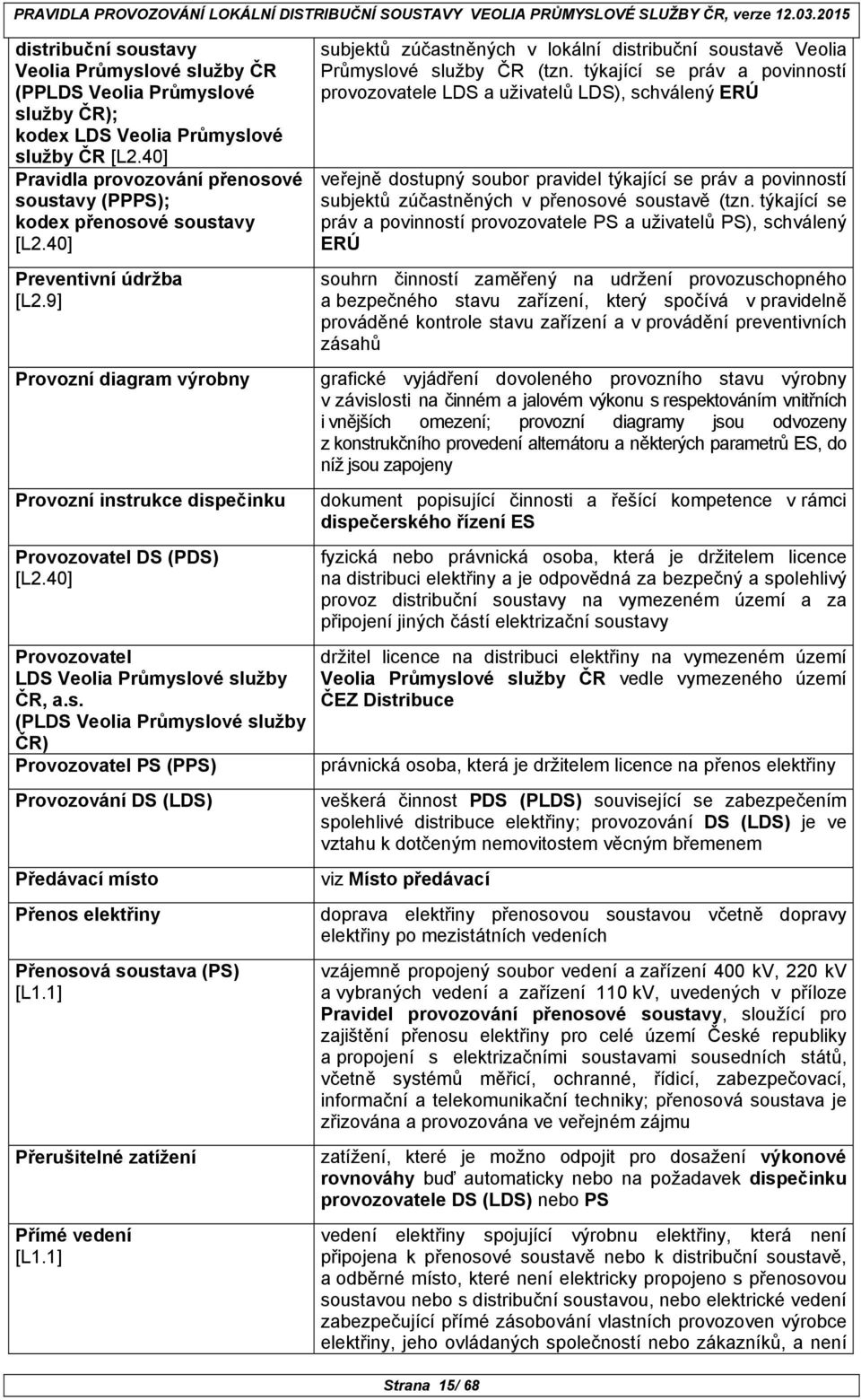 40] Pravidla provozování přenosové soustavy (PPPS); kodex přenosové soustavy [L2.40] Preventivní údržba [L2.9] Provozní diagram výrobny Provozní instrukce dispečinku Provozovatel DS (PDS) [L2.