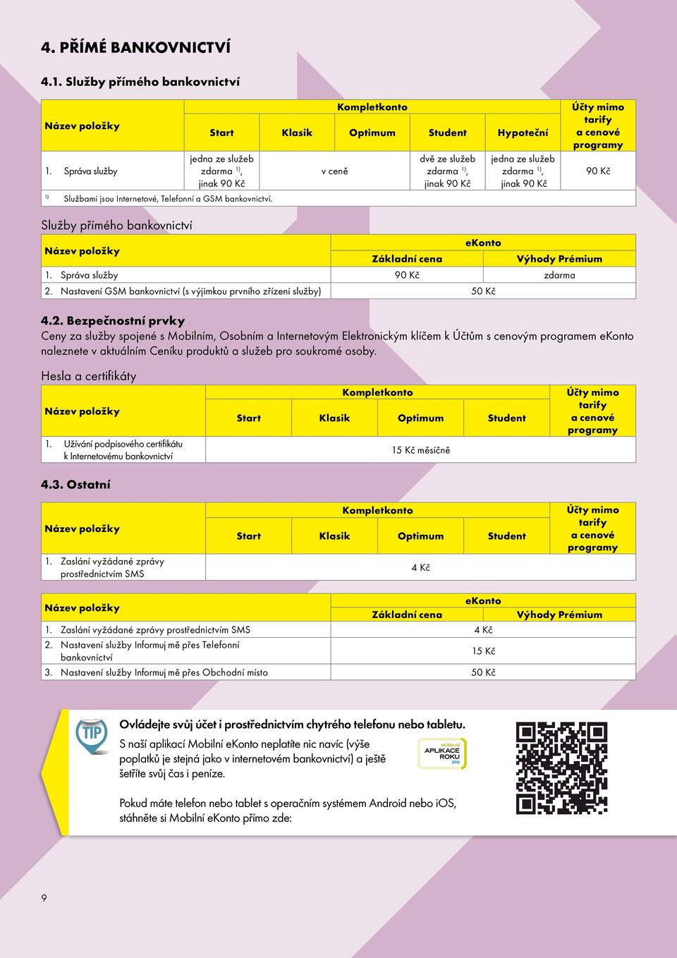 v ceně dvě ze služeb zdarma, jinak 90 Kč jedna ze služeb zdarma, jinak 90 Kč Účty mimo tarify a cenové programy 90 Kč Služby přímého bankovnictví Základní cena Výhody Prémium 1.