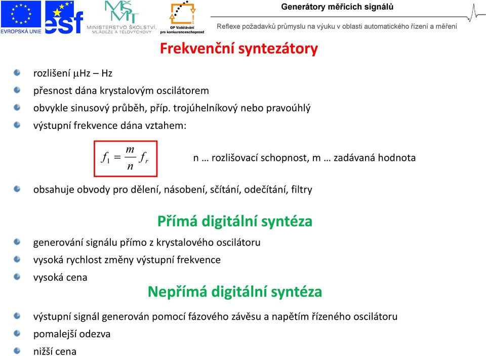 náobení, čítání, odečítání, iltry Přímá digitální yntéza generování ignálu přímo z krytalového ocilátoru vyoká rychlot změny výtupní