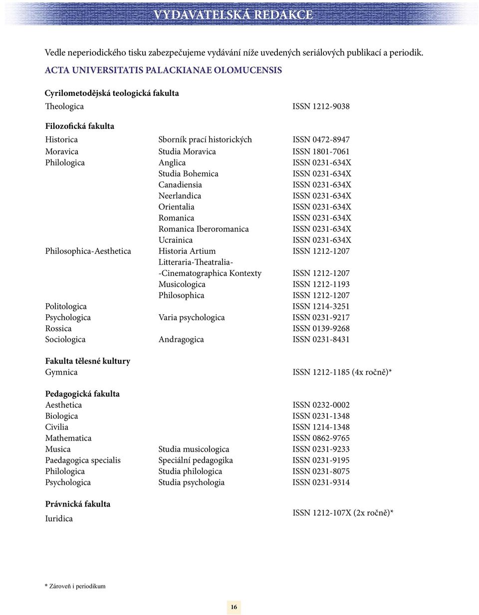 Moravica ISSN 1801-7061 Philologica Anglica ISSN 0231-634X Studia Bohemica ISSN 0231-634X Canadiensia ISSN 0231-634X Neerlandica ISSN 0231-634X Orientalia ISSN 0231-634X Romanica ISSN 0231-634X