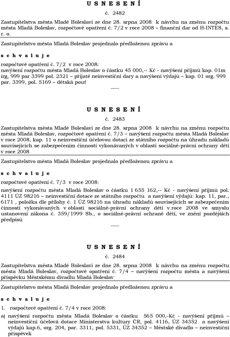 7/3 navýšení rozpočtu města Mladá Boleslav v roce 2008, kap.