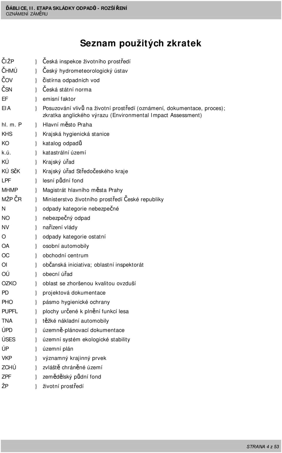 Česká státní norma } emisní faktor } Posuzování vlivů na životní prostředí (oznámení, dokumentace, proces); zkratka anglického výrazu (Environmental Impact Assessment) } Hlavní město Praha } Krajská
