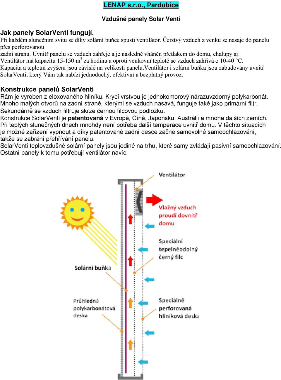 Ventilátor má kapacitu 15-150 m 3 za hodinu a oproti venkovní teplotě se vzduch zahřívá o 10-40 C. Kapacita a teplotní zvýšení jsou závislé na velikosti panelu.