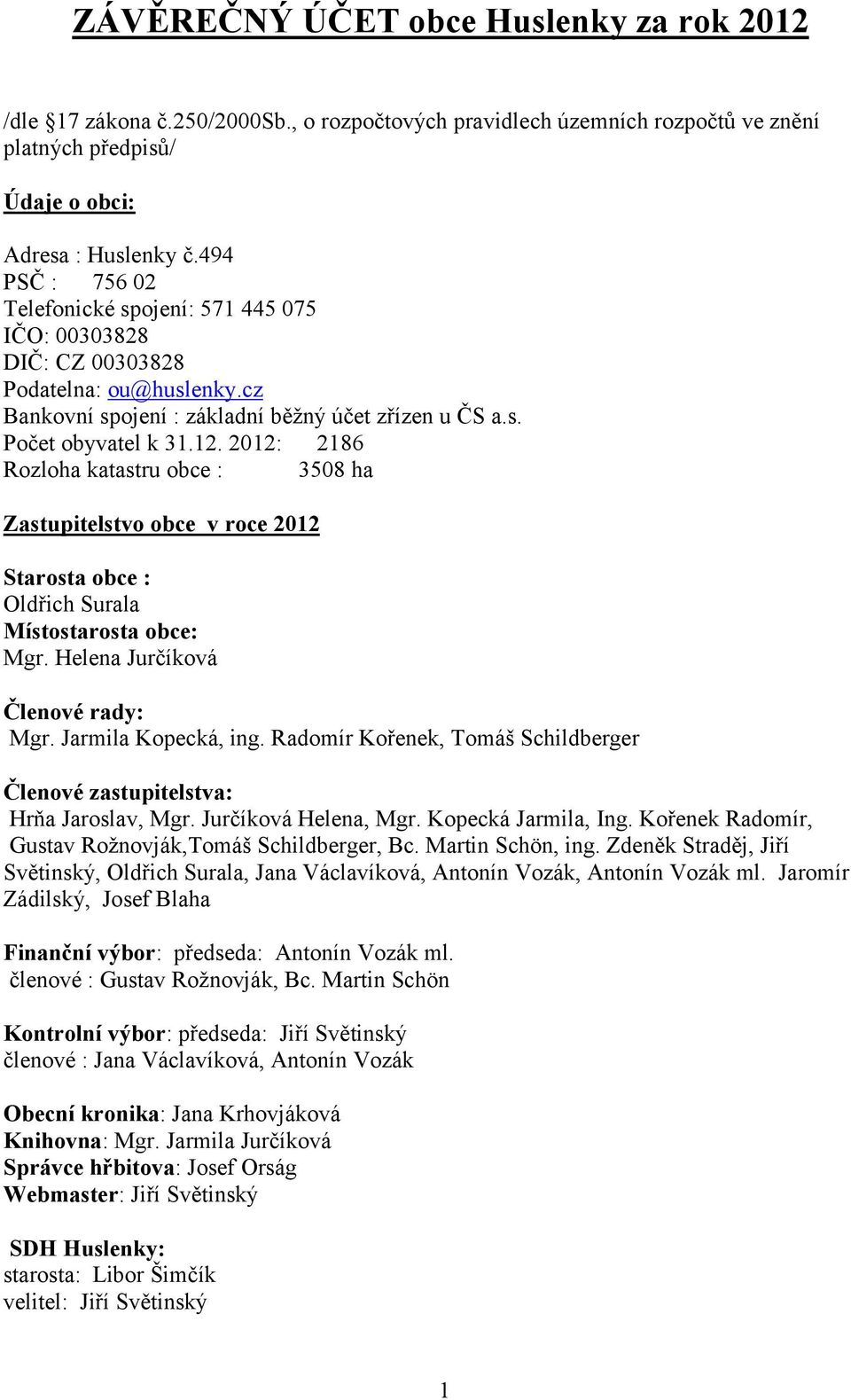 2012: 2186 Rozloha katastru obce : 3508 ha Zastupitelstvo obce v roce 2012 Starosta obce : Oldřich Surala Místostarosta obce: Mgr. Helena Jurčíková Členové rady: Mgr. Jarmila Kopecká, ing.