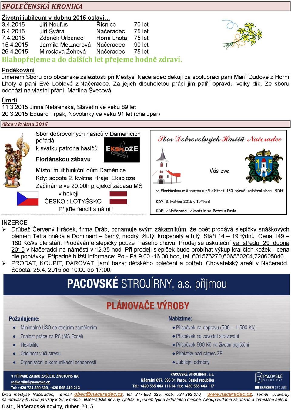 Poděkování Jménem Sboru pro občanské záležitosti při Městysi Načeradec děkuji za spolupráci paní Marii Dudové z Horní Lhoty a paní Evě Löblové z Načeradce.
