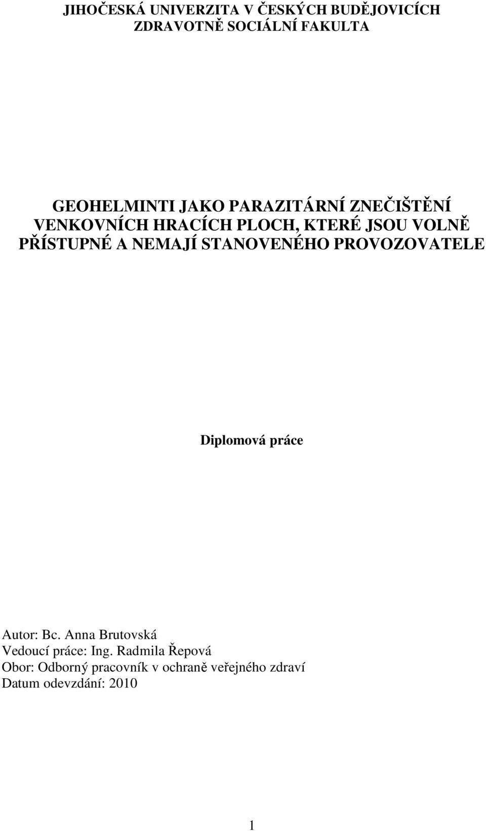 STANOVENÉHO PROVOZOVATELE Diplomová práce Autor: Bc. Anna Brutovská Vedoucí práce: Ing.