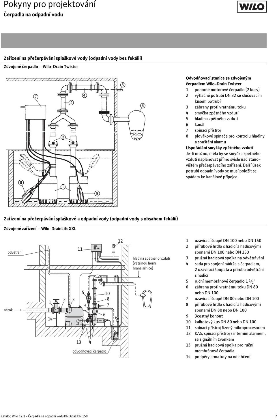 spínací přístroj 8 plovákové spínače pro kontrolu hladiny a spuštění alarmu Uspořádání smyčky zpětného vzdutí Je-li možno, měla by se smyčka zpětného vzdutí naplánovat přímo svisle nad stanovištěm