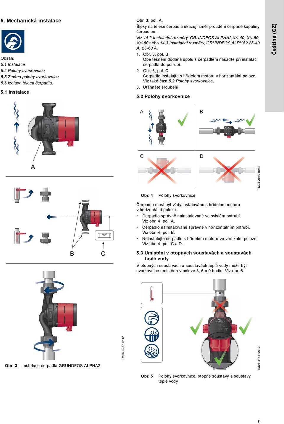 Obr. 3, pol. C. Čerpadlo instalujte s hřídelem motoru v horizontální poloze. Viz také část 5.2 Polohy svorkovnice. 5.5 Změna polohy svorkovnice 5.6 Izolace tělesa čerpadla. 3. Utáhněte šroubení. 5. Instalace 5.