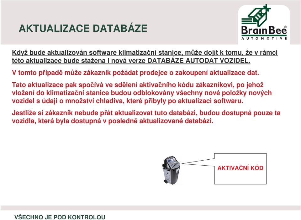 Tato aktualizace pak spoívá ve sdlení aktivaního kódu zákazníkovi, po jehož vložení do klimatizaní stanice budou odblokovány všechny nové položky nových