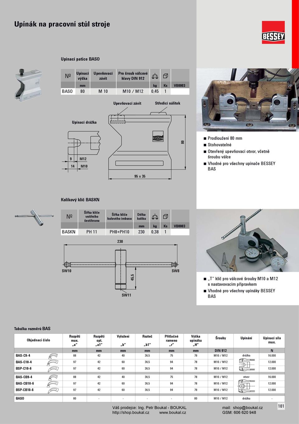 imbusu Délka kolíku mm kg Ks VB0003 BASKN PH 11 PH8+PH10 230 0,38 1 230 SW10 SW8 SW11 45,5 T klíč pro válcové šrouby M10 a M12 s nastavovacím přípravkem Vhodné pro všechny upínáky BESSEY BAS Tabulka