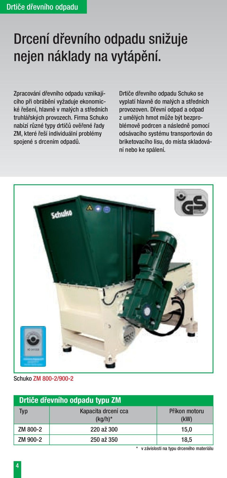 Firma Schuko nabízí různé typy drtičů ověřené řady ZM, které řeší individuální problémy spojené s drcením odpadů. Drtiče dřevního odpadu Schuko se vyplatí hlavně do malých a středních provozoven.