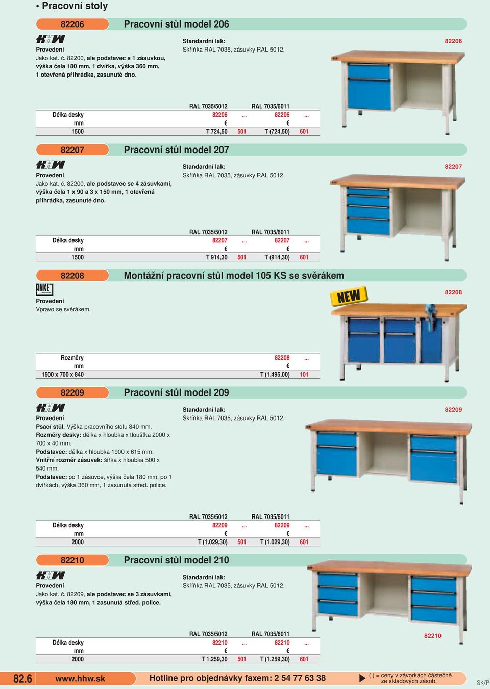dno Pracovní stůl model 207 Skříňka RAL 7035, zásuvky RAL 502 82207 RAL 7035/502 RAL 7035/60 Délka desky 82207 82207 500 T 94,30 50 T (94,30) 60 82208 Vpravo se svěrákem Montážní pracovní stůl model
