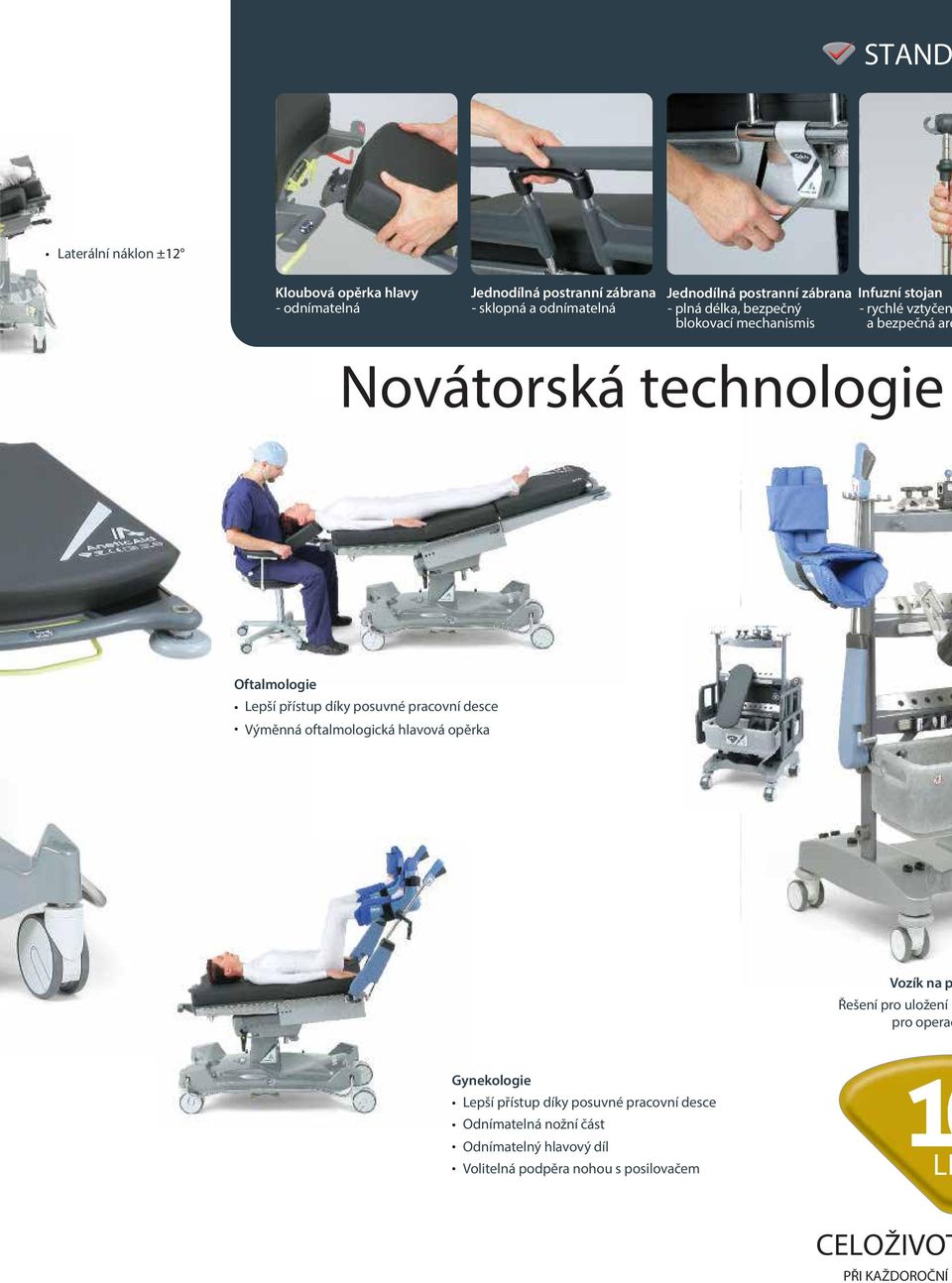 Novátorská technologie Oftalmologie Lepší přístup díky posuvné pracovní desce Výměnná oftalmologická hlavová opěrka Vozík na p Řešení pro