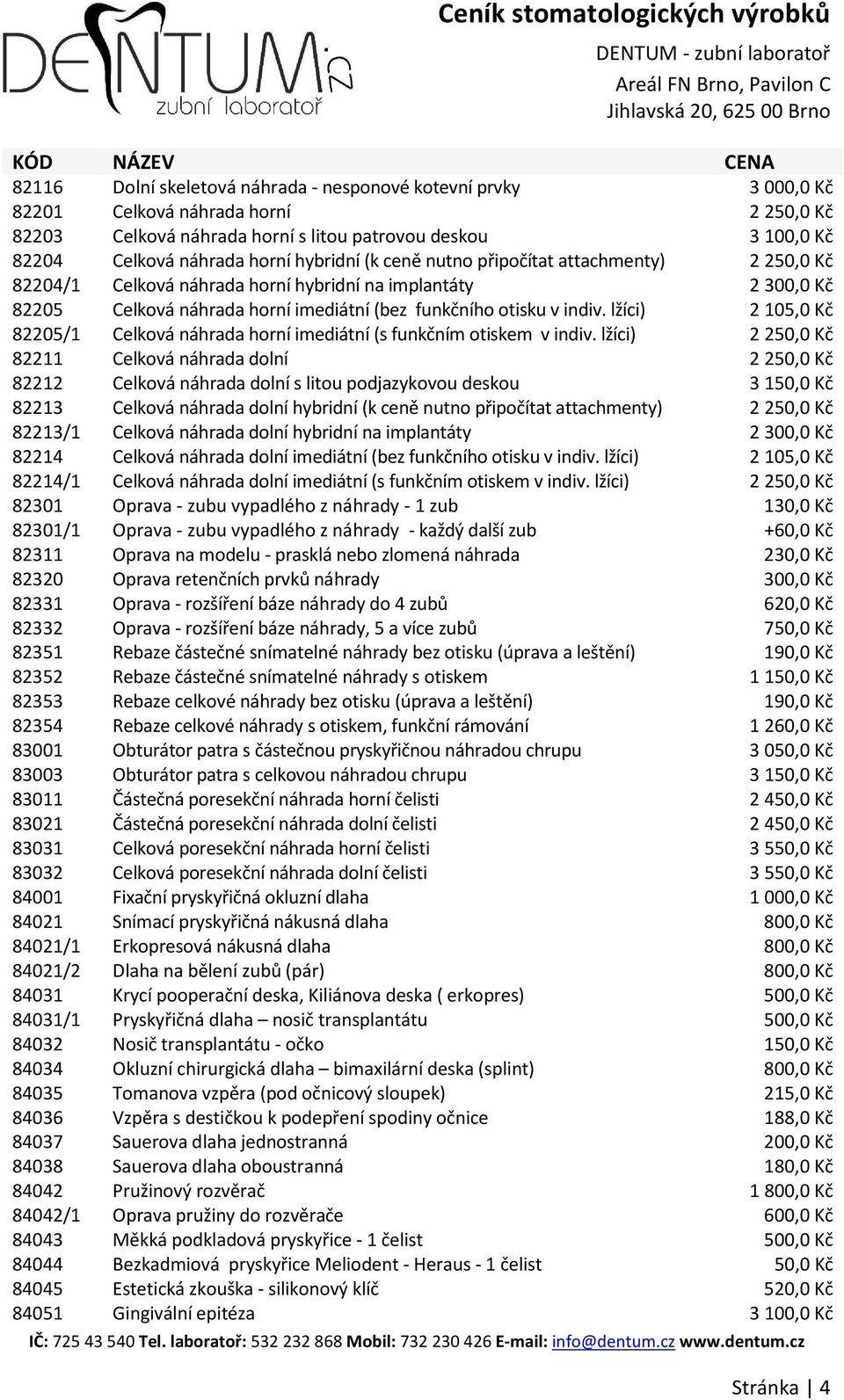 lžíci) 2 105,0 Kč 82205/1 Celková náhrada horní imediátní (s funkčním otiskem v indiv.