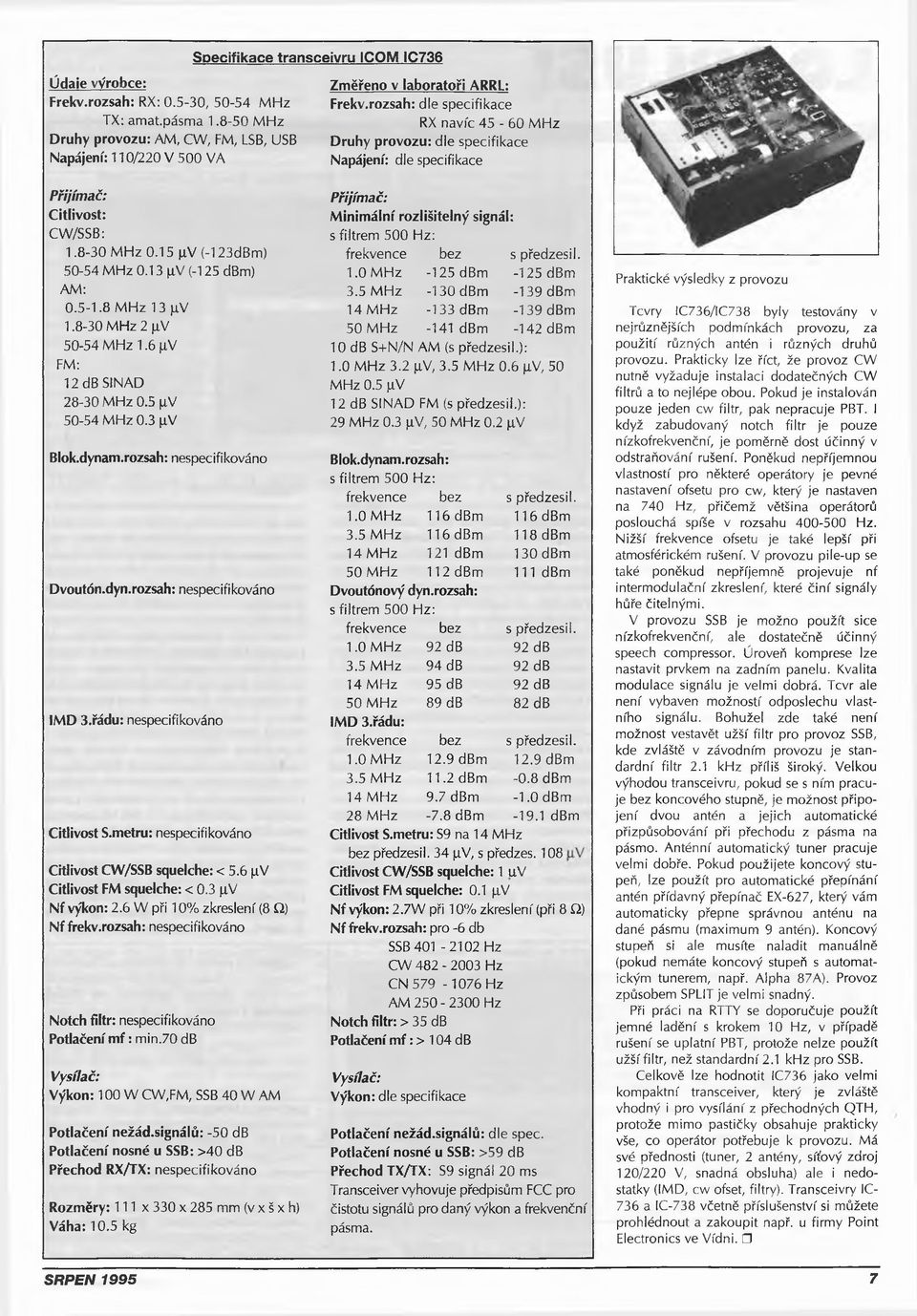 rozsah: dle specifikace RX navíc 45-60 M H z Druhy provozu: dle specifikace Napájení: dle specifikace Přijímač: Citlivost: CW /SSB: 1.8-30 M H z 0.15,uV (-123dBm ) 50-54 M H z 0.