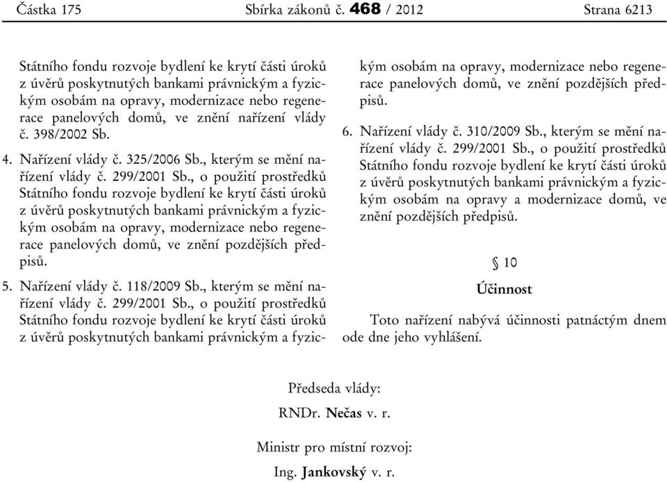 nařízení vlády č. 398/2002 Sb. 4. Nařízení vlády č. 325/2006 Sb., kterým se mění nařízení vlády č. 299/2001 Sb.