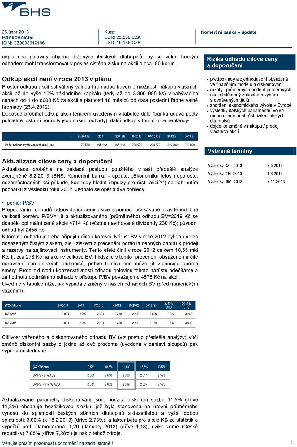 cenách od 1 do 6000 Kč za akcii s platností 18 měsíců od data poslední řádné valné hromady (26.4.2012).