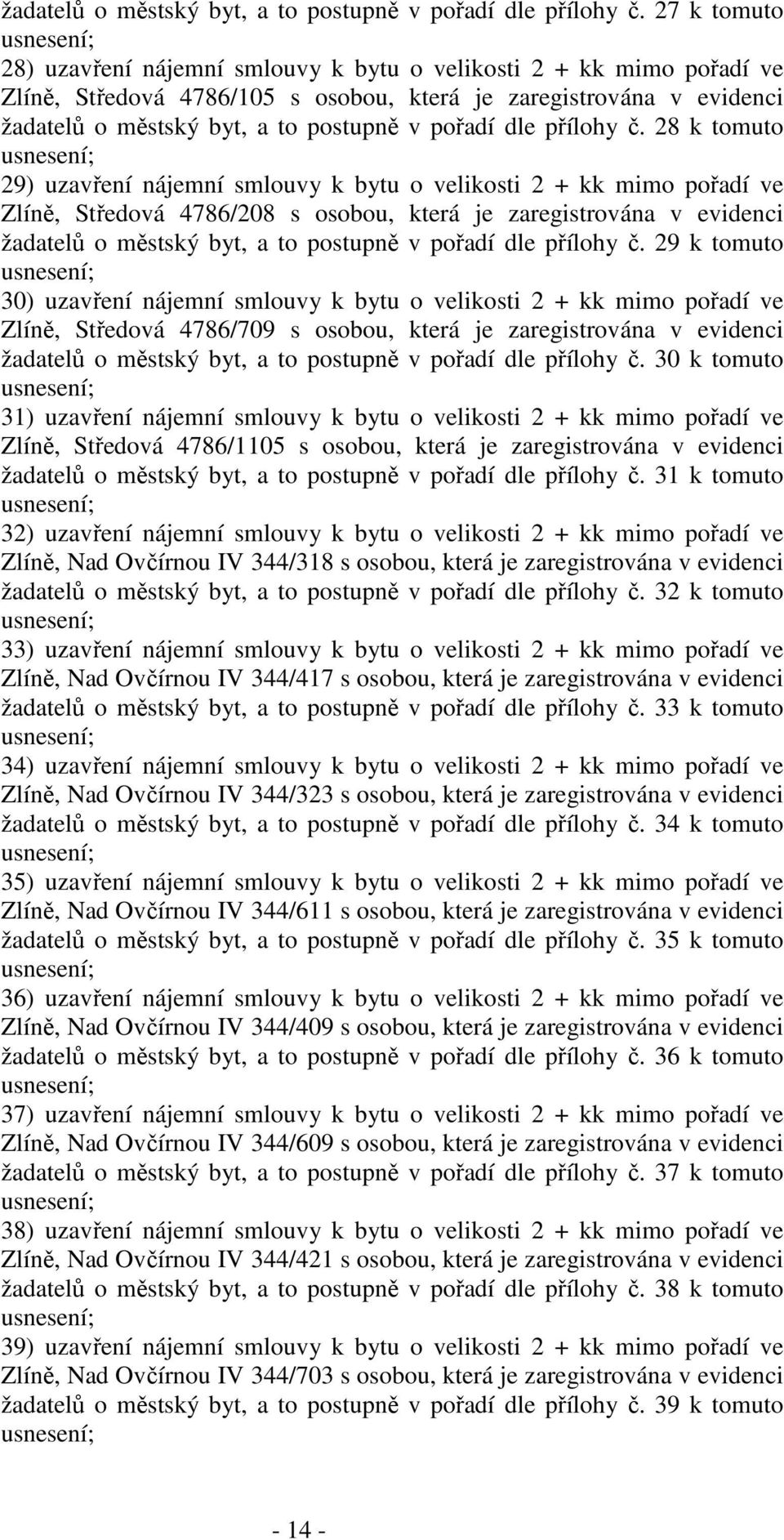 bytu o velikosti 2 + kk mimo pořadí ve Zlíně, Středová 4786/208 s osobou, která je zaregistrována v evidenci  29 k tomuto 30) uzavření nájemní smlouvy k bytu o velikosti 2 + kk mimo pořadí ve Zlíně,