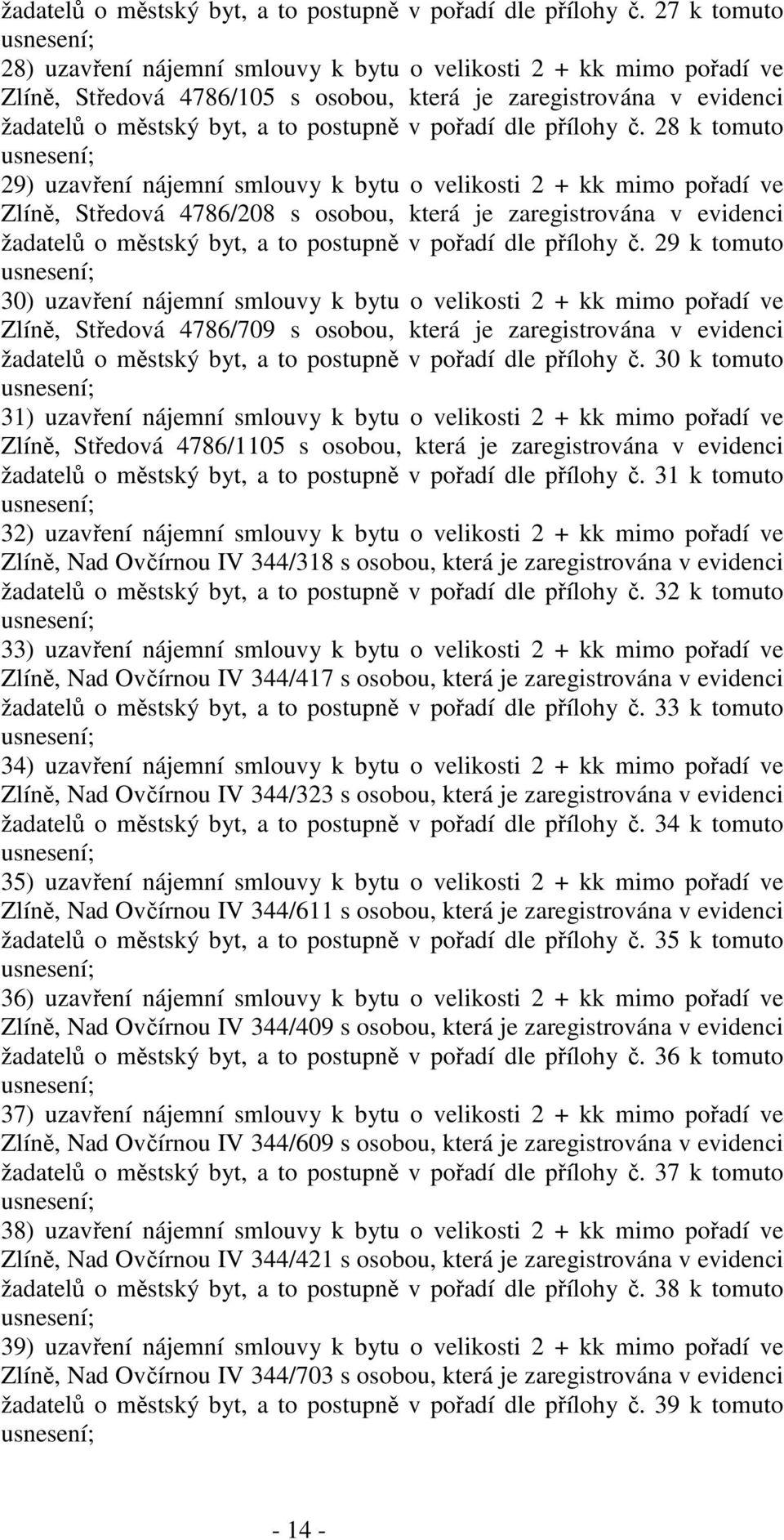 bytu o velikosti 2 + kk mimo pořadí ve Zlíně, Středová 4786/208 s osobou, která je zaregistrována v evidenci  29 k tomuto 30) uzavření nájemní smlouvy k bytu o velikosti 2 + kk mimo pořadí ve Zlíně,