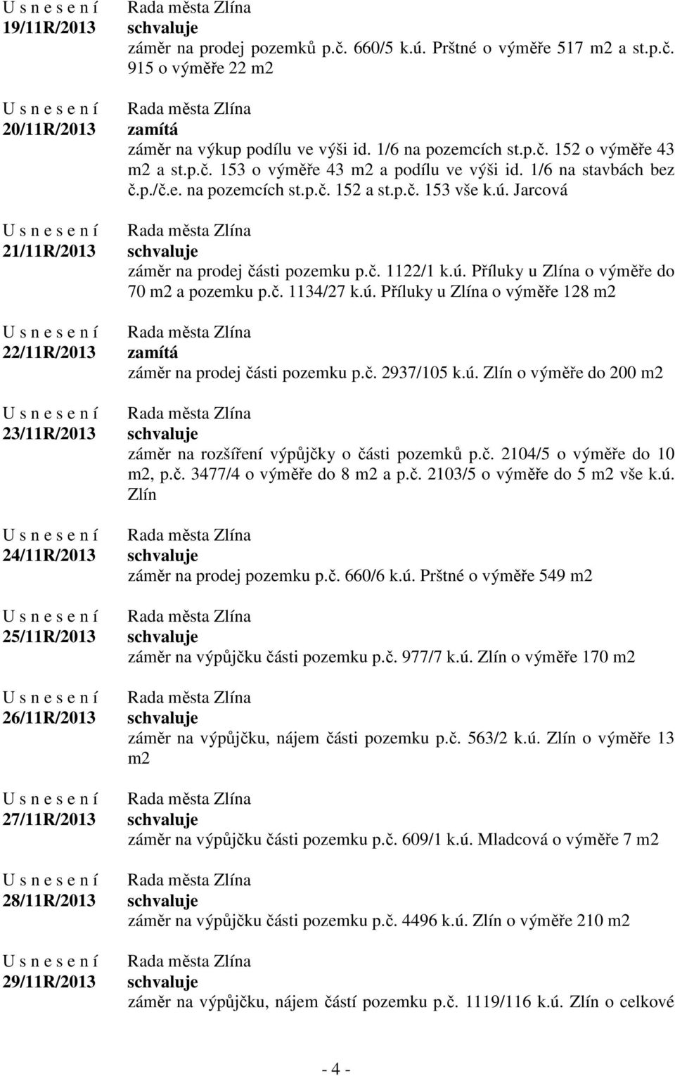 p.č. 153 vše k.ú. Jarcová záměr na prodej části pozemku p.č. 1122/1 k.ú. Příluky u Zlína o výměře do 70 m2 a pozemku p.č. 1134/27 k.ú. Příluky u Zlína o výměře 128 m2 zamítá záměr na prodej části pozemku p.