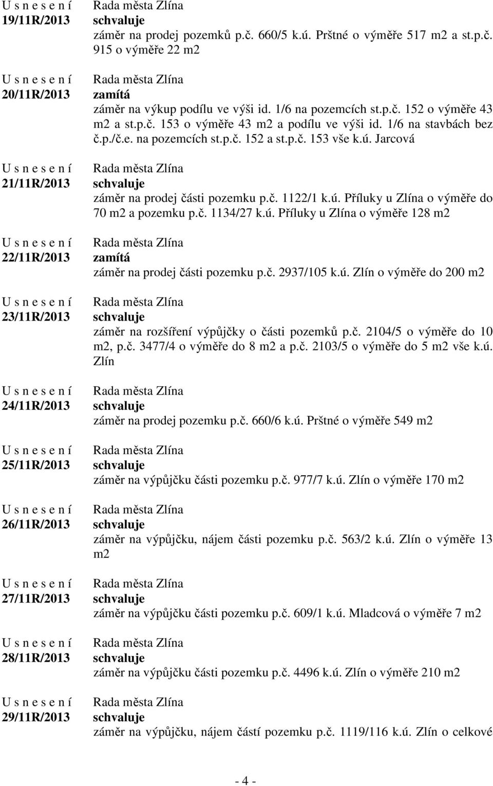 p.č. 153 vše k.ú. Jarcová záměr na prodej části pozemku p.č. 1122/1 k.ú. Příluky u Zlína o výměře do 70 m2 a pozemku p.č. 1134/27 k.ú. Příluky u Zlína o výměře 128 m2 zamítá záměr na prodej části pozemku p.