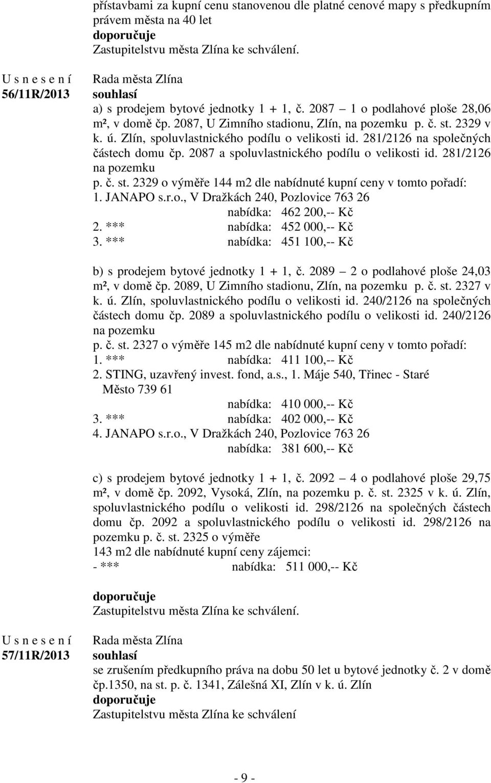 2087 a spoluvlastnického podílu o velikosti id. 281/2126 na pozemku p. č. st. 2329 o výměře 144 m2 dle nabídnuté kupní ceny v tomto pořadí: 1. JANAPO s.r.o., V Dražkách 240, Pozlovice 763 26 nabídka: 462 200,-- Kč 2.