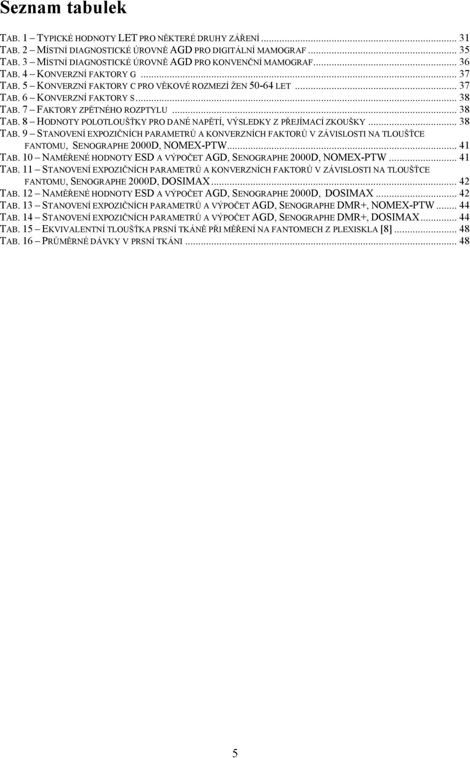 7 FAKTORY ZPĚTNÉHO ROZPTYLU... 38 TAB. 8 HODNOTY POLOTLOUŠŤKY PRO DANÉ NAPĚTÍ, VÝSLEDKY Z PŘEJÍMACÍ ZKOUŠKY... 38 TAB. 9 STANOVENÍ EXPOZIČNÍCH PARAMETRŮ A KONVERZNÍCH FAKTORŮ V ZÁVISLOSTI NA TLOUŠŤCE FANTOMU, SENOGRAPHE 2000D, NOMEX-PTW.