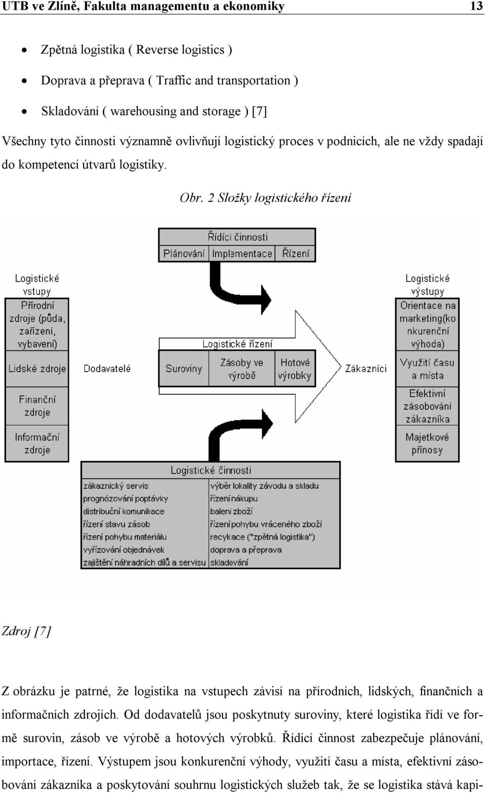 2 Složky logistického řízení Zdroj [7] Z obrázku je patrné, že logistika na vstupech závisí na přírodních, lidských, finančních a informačních zdrojích.