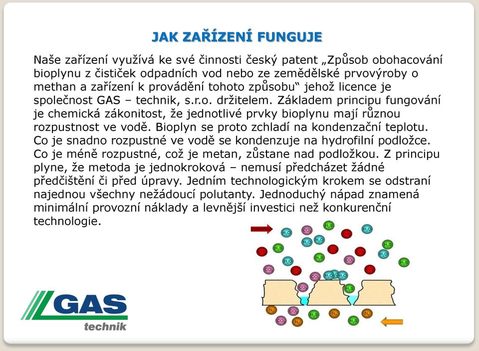 Bioplyn se proto zchladí na kondenzační teplotu. Co je snadno rozpustné ve vodě se kondenzuje na hydrofilní podložce. Co je méně rozpustné, což je metan, zůstane nad podložkou.