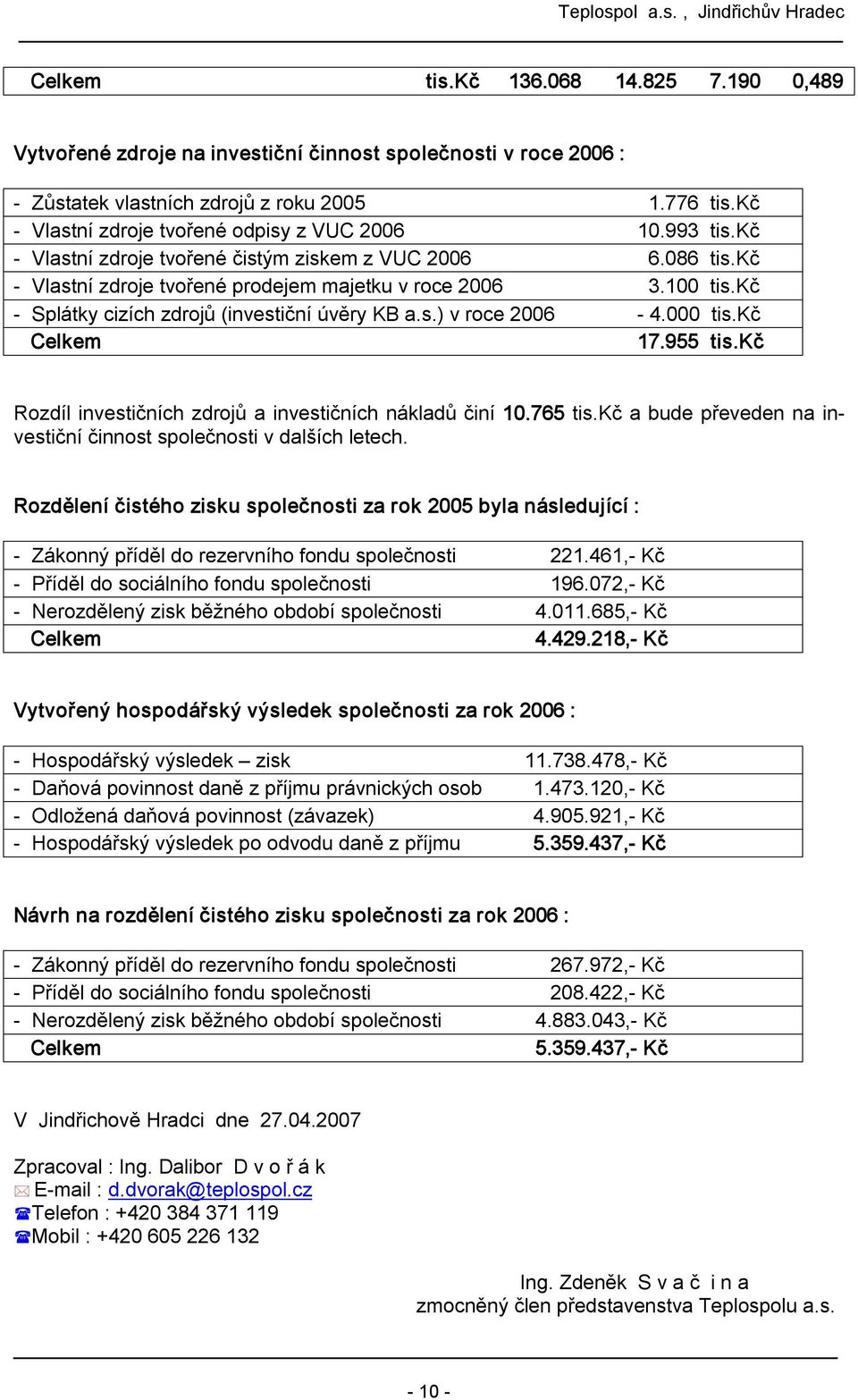 kč Splátky cizích zdrojů (investiční úvěry KB a.s.) v roce 2006 4.000 tis.kč Celkem 17.955 tis.kč Rozdíl investičních zdrojů a investičních nákladů činí 10.765 tis.