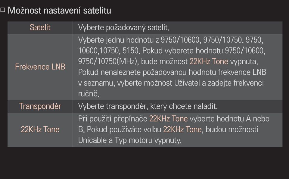 Pokud vyberete hodnotu 9750/10600, 9750/10750(MHz), bude možnost 22KHz Tone vypnuta.