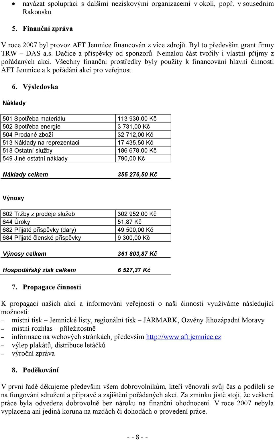 Všechny finanční prostředky byly použity k financování hlavní činnosti AFT Jemnice a k pořádání akcí pro veřejnost. 6.