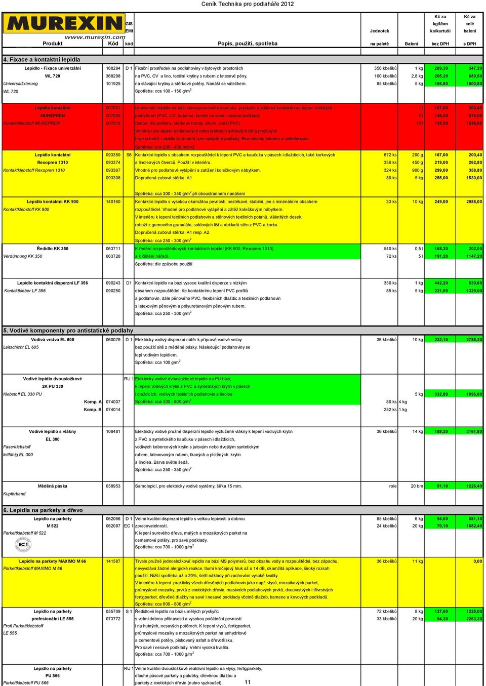 85 kbelíků 5 kg 166,80 1000,80 WL 720 Spotřeba: cca 100-150 g/m 2 Lepidlo kontaktní 007001 Univerzální lepidlo na bázi chloroprenového kaučuku, pryskyřic a aditiv ke kontaktnímu lepení měkkých 1 l