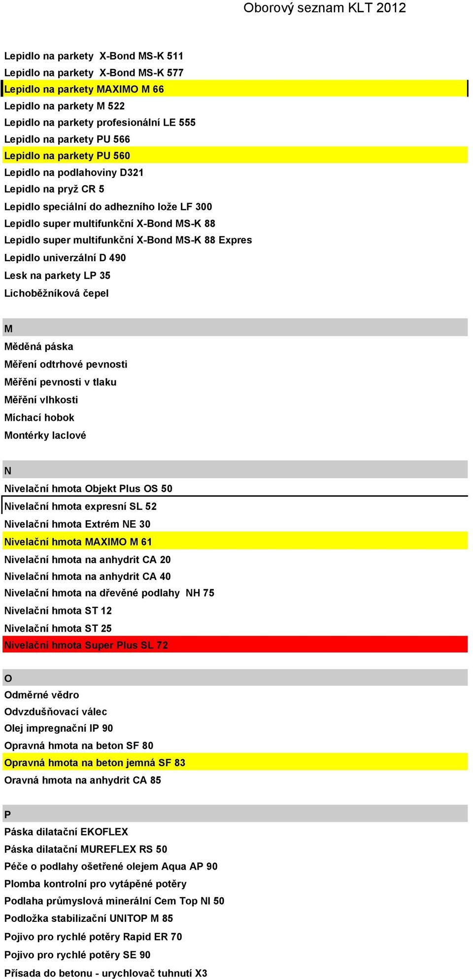 multifunkční X-Bond MS-K 88 Expres Lepidlo univerzální D 490 Lesk na parkety LP 35 Lichoběžníková čepel M Měděná páska Měření odtrhové pevnosti Měřění pevnosti v tlaku Měřění vlhkosti Míchací hobok