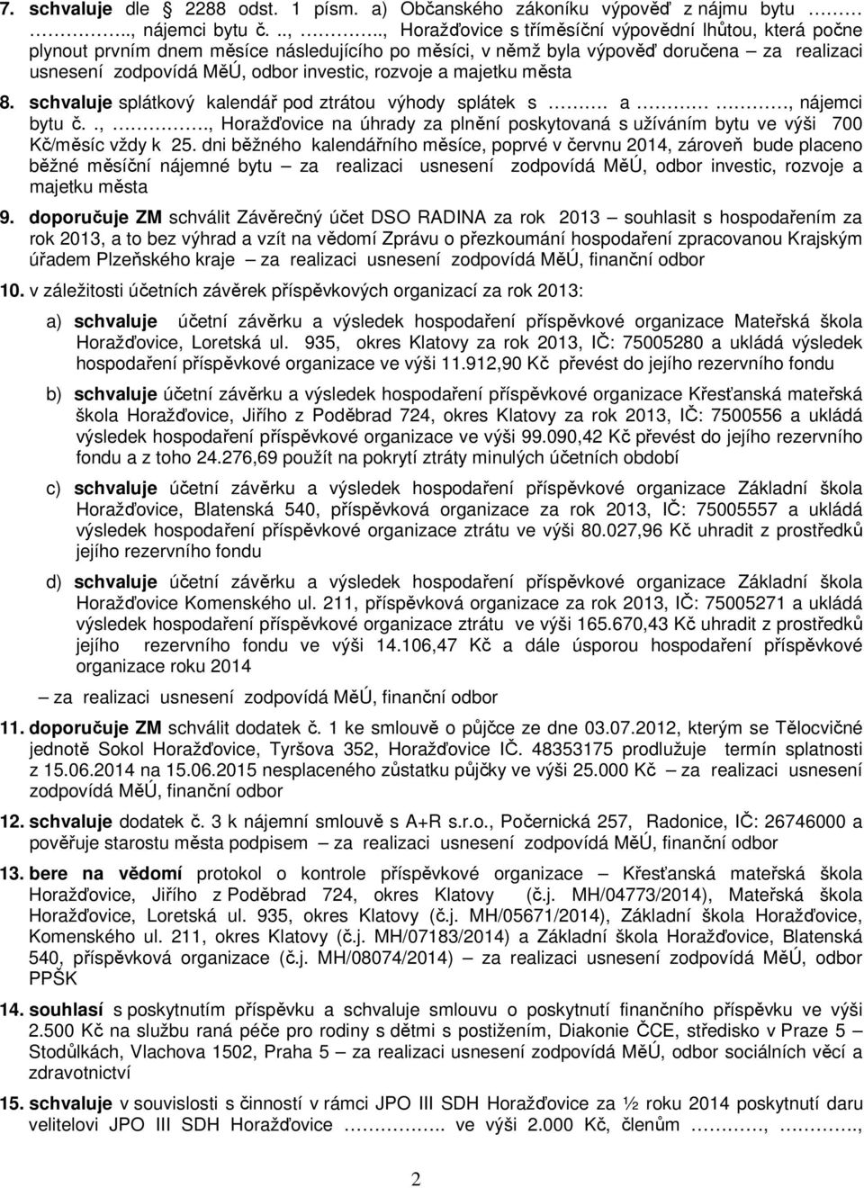 ., Horažďovice s tříměsíční výpovědní lhůtou, která počne plynout prvním dnem měsíce následujícího po měsíci, v němž byla výpověď doručena za realizaci usnesení zodpovídá MěÚ, odbor investic, rozvoje