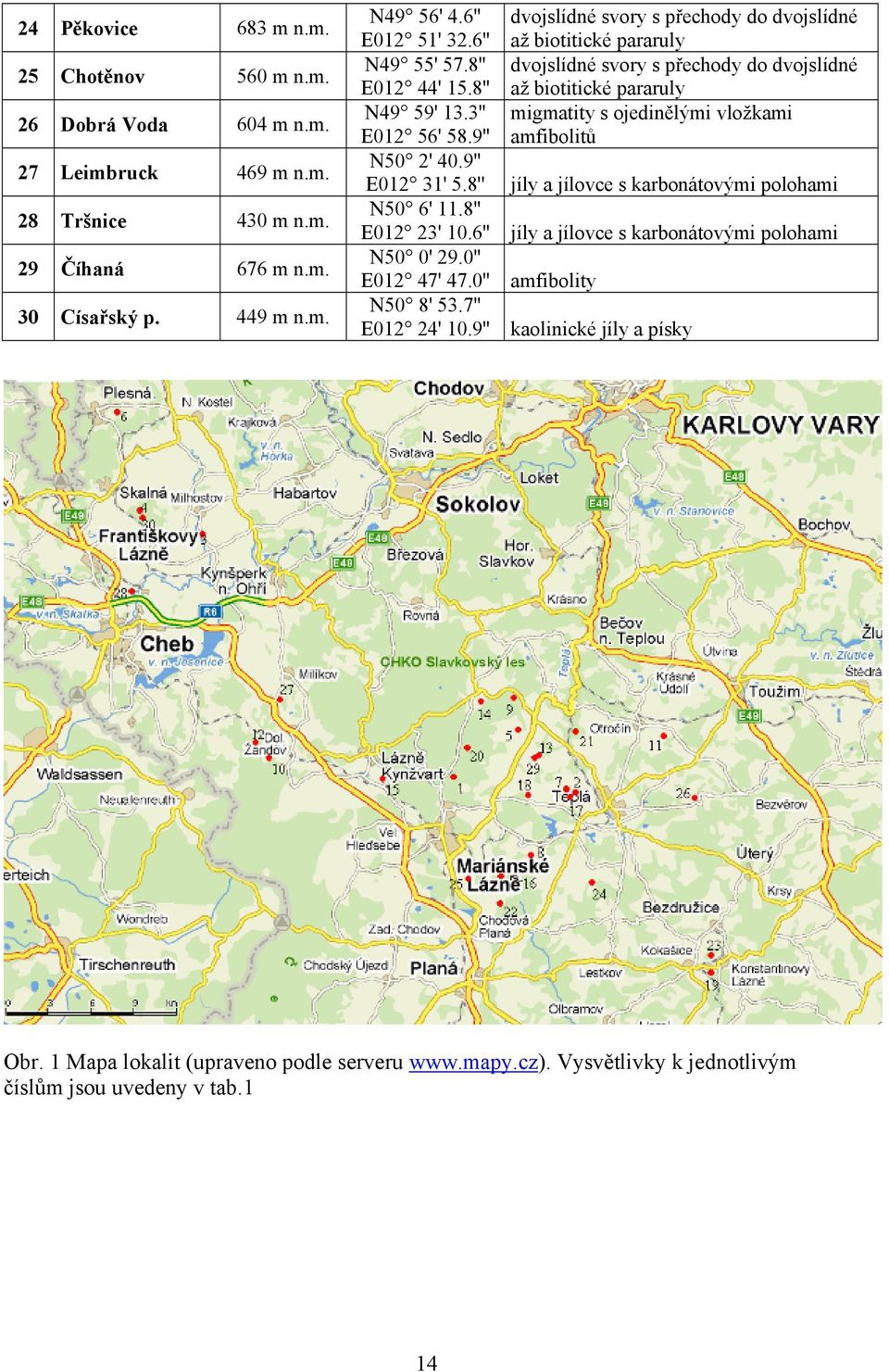 3'' migmatity s ojedinělými vložkami E012 56' 58.9'' amfibolitů N50 2' 40.9'' E012 31' 5.8'' jíly a jílovce s karbonátovými polohami N50 6' 11.8'' E012 23' 10.