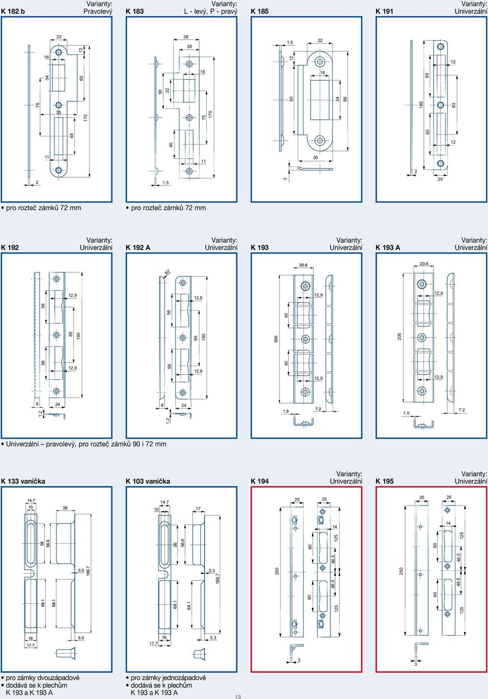 2 0 5 15 2 2 pro rozteč zámků mm pro rozteč zámků mm K 192 Univerzální K 192 A Univerzální K 19 Univerzální K 19 A Univerzální