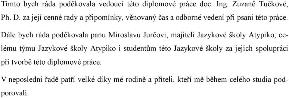 Dále bych ráda poděkovala panu Miroslavu Jurčovi, majiteli Jazykové školy Atypiko, celému týmu Jazykové školy Atypiko