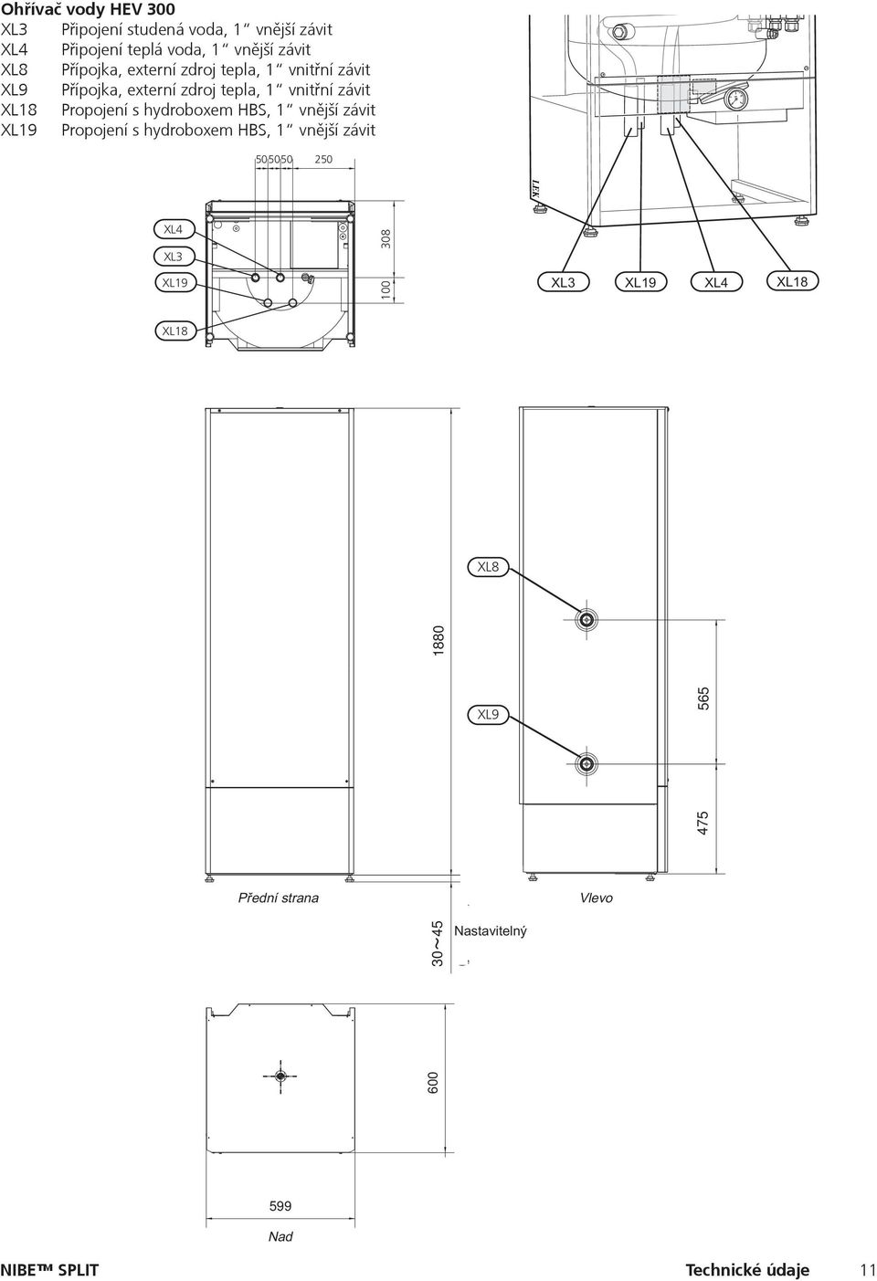 hydroboxem HBS, 1 vnější závit XL19 Propojení s hydroboxem HBS, 1 vnější závit 505050 250 505050 250 XL4 XL4 XL3 XL3 XL19 XL19 XL18 XL18 308 308 100 100 4 152 130 106 XL8