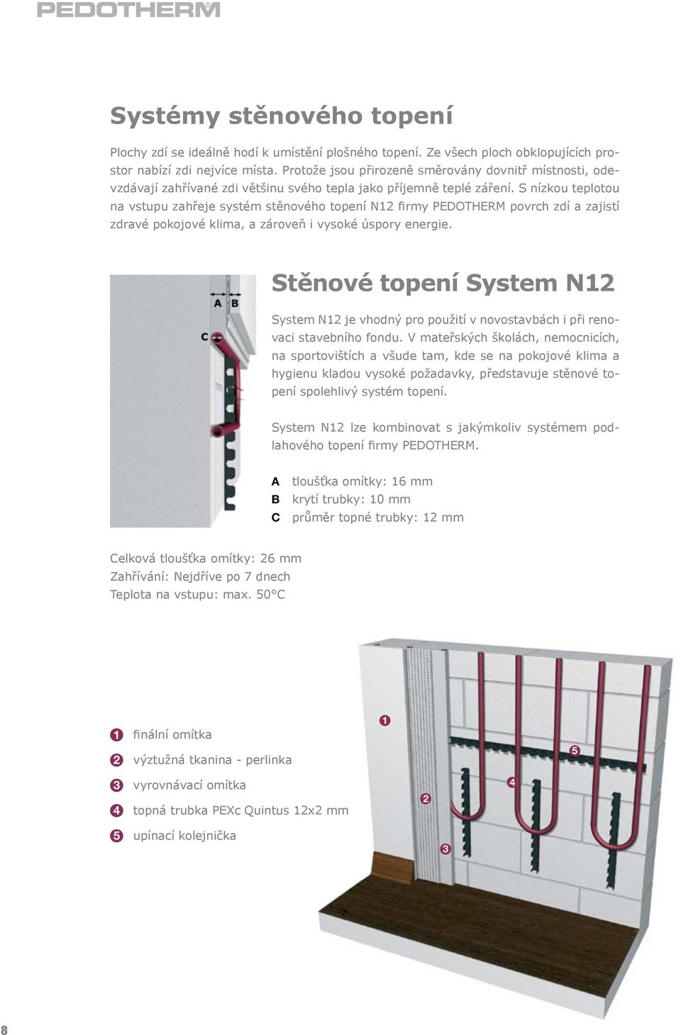 S nízkou teplotou na vstupu zahřeje systém stěnového topení N12 firmy PEDOTHERM povrch zdí a zajistí zdravé pokojové klima, a zároveň i vysoké úspory energie.