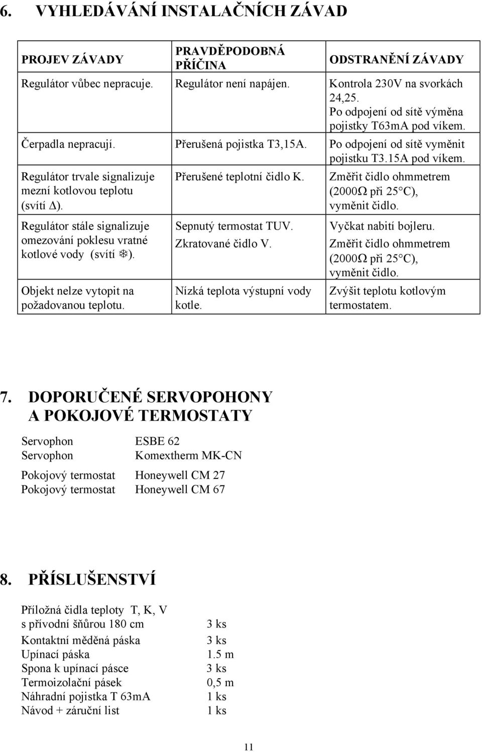 Regulátor trvale signalizuje mezní kotlovou teplotu (svítí ). Regulátor stále signalizuje omezování poklesu vratné kotlové vody (svítí ). Objekt nelze vytopit na požadovanou teplotu.