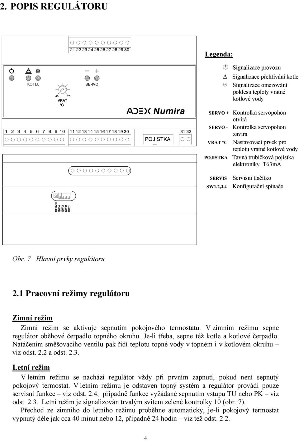 7 Hlavní prvky regulátoru 2.1 Pracovní režimy regulátoru Zimní režim Zimní režim se aktivuje sepnutím pokojového termostatu. V zimním režimu sepne regulátor oběhové čerpadlo topného okruhu.